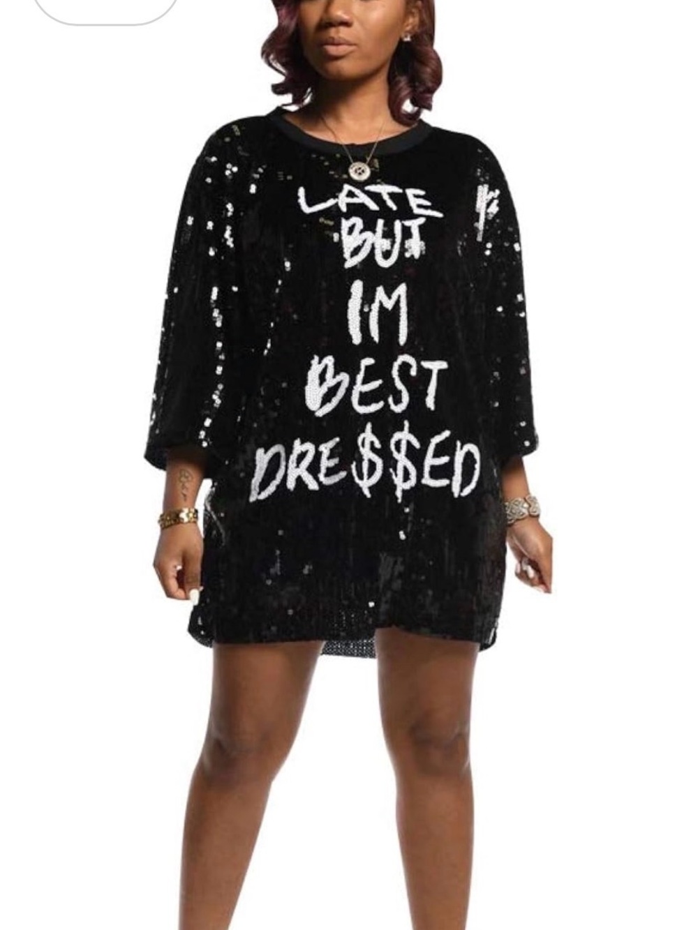 Sequin Crew Neck Graphic Mini Dress - Black LATE BUT I’M BEST DRESSED